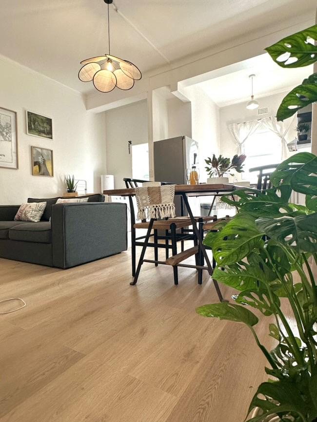 Living area with warm oak vinyl flooring